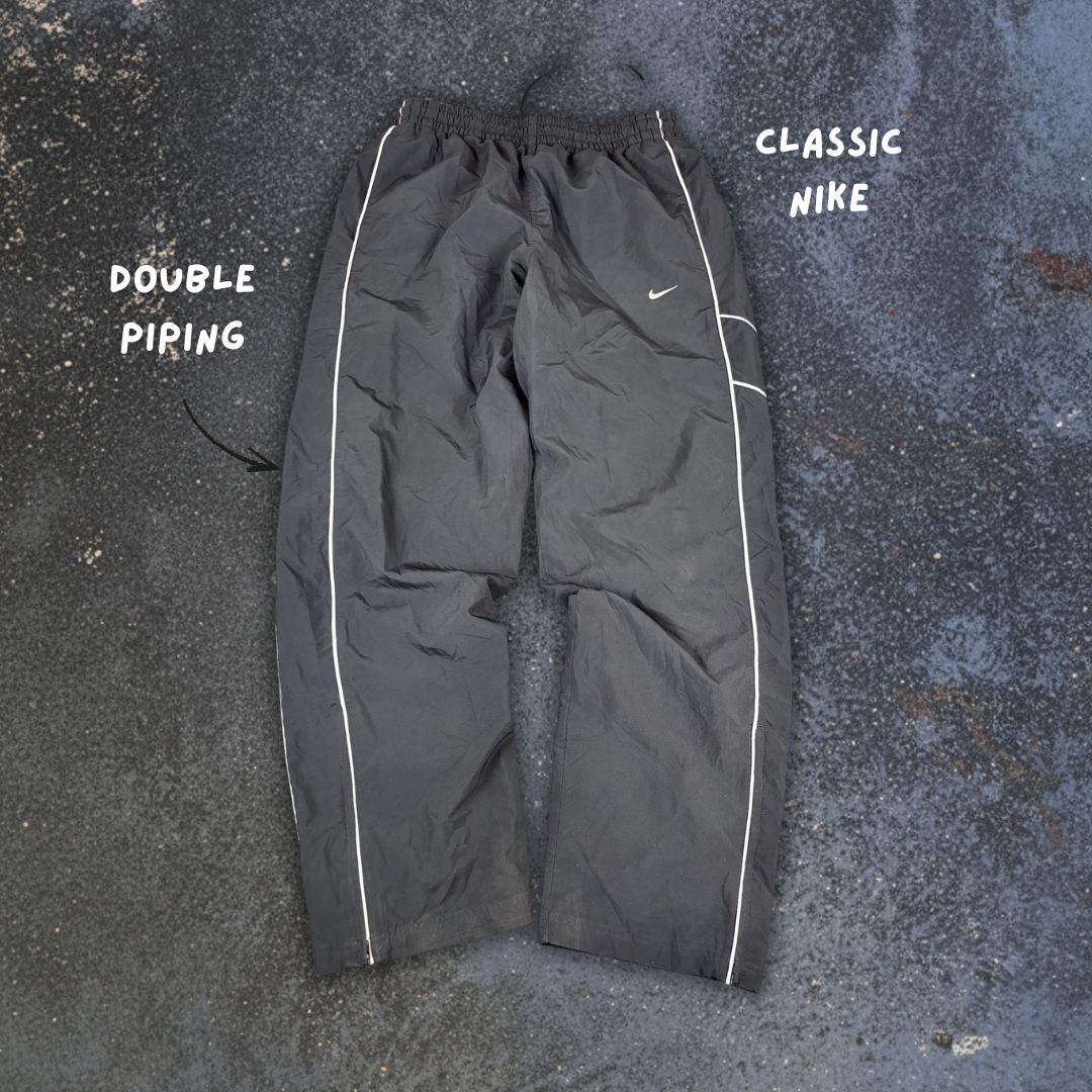 Y2K/10s Nike Track Pants Size L Black Double Piping Swoosh Ankle Zips Wide Leg