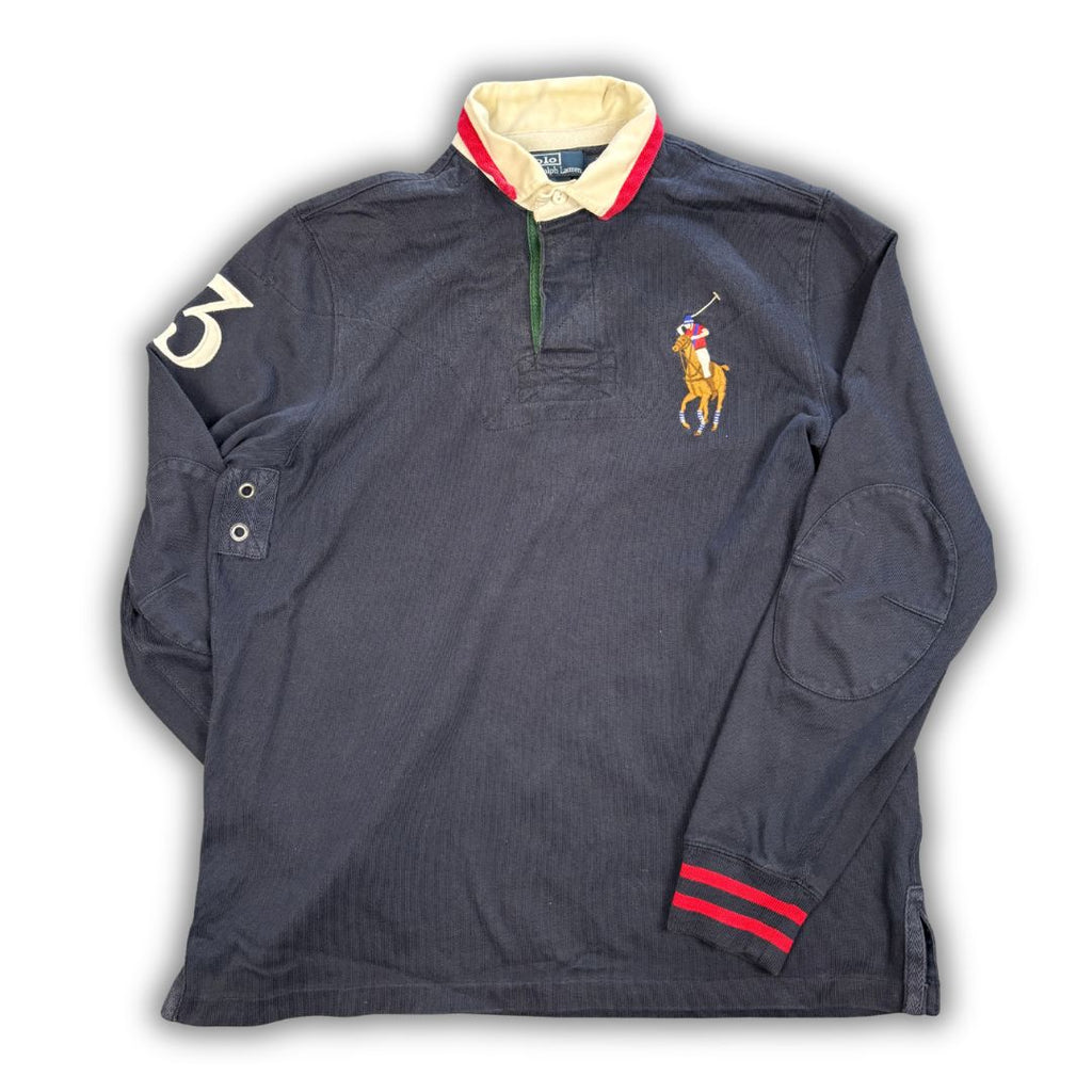 Vintage Y2K Ralph Lauren Rugby Polo Men's M Navy Big Pony Embroidered Number Collared