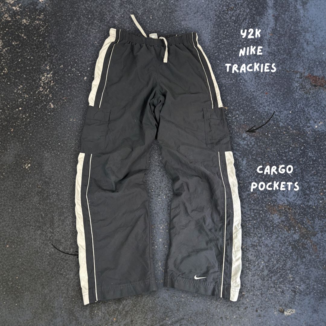 Vintage Y2K Nike Cargo Track Pants Men's M Black Grey Panels White Piping Ankle Swoosh Baggy