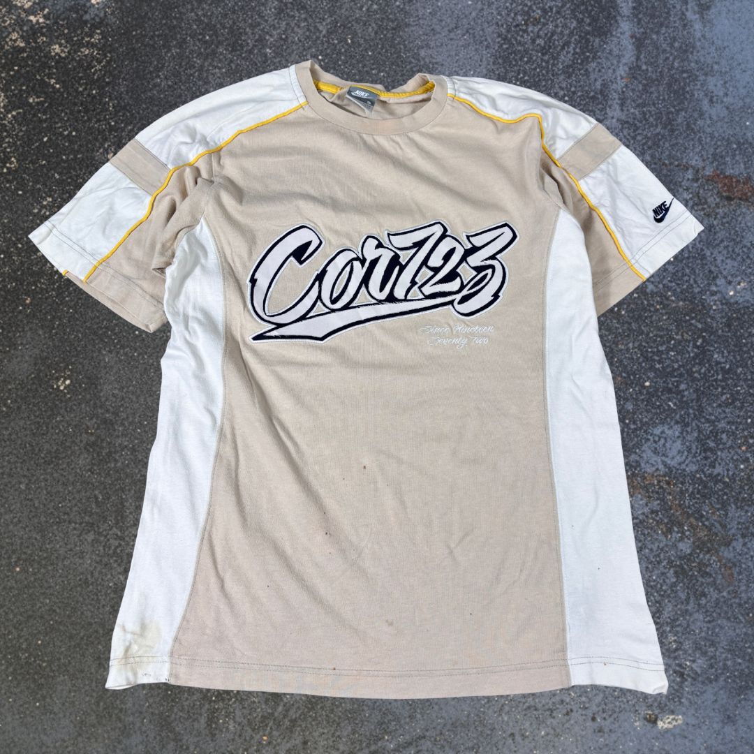 Vintage Y2K Nike T-Shirt Men’s S Brown White Cotton Cortez Graffiti Spell Out Sleeve Logo