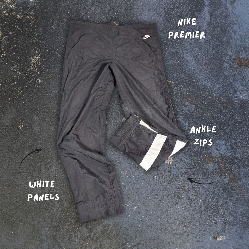 Vintage 90's Nike Premier Track Pants Size M Black White Panels Hip Logo Ankle Zips Tapered
