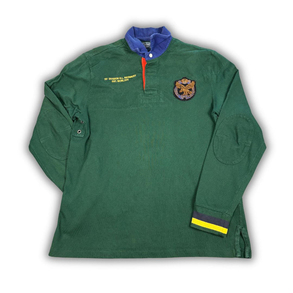 Vintage 90's Ralph Lauren Rugby Polo Men's L Green RL Regiment Wire Eagle Badge Collared