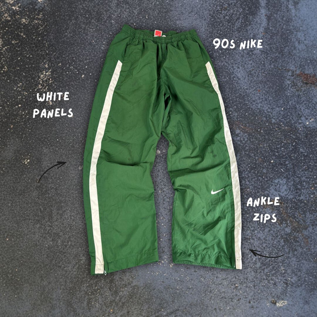 Vintage Men's Y2K Nike Track Pants Size S Green White Panels Swoosh Ankle Zips Wide Leg
