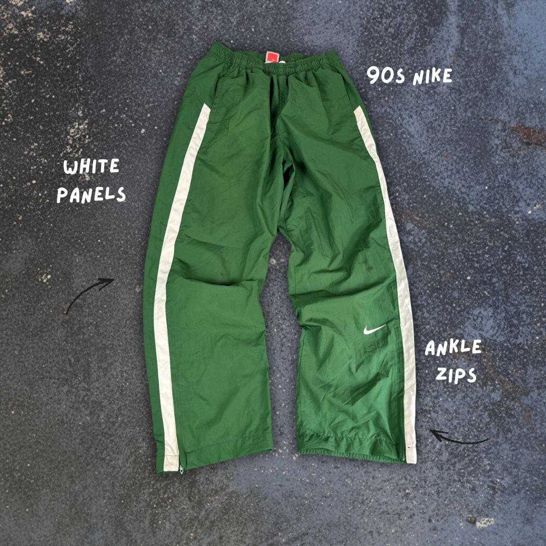Vintage Men's Y2K Nike Track Pants Size S Green White Panels Swoosh Ankle Zips Wide Leg