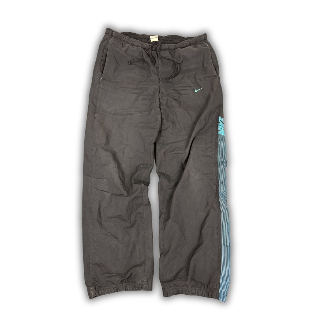 Y2K Nike Track Pants Men's M Black Blue Swoosh Spell Out Joggers Wide Leg