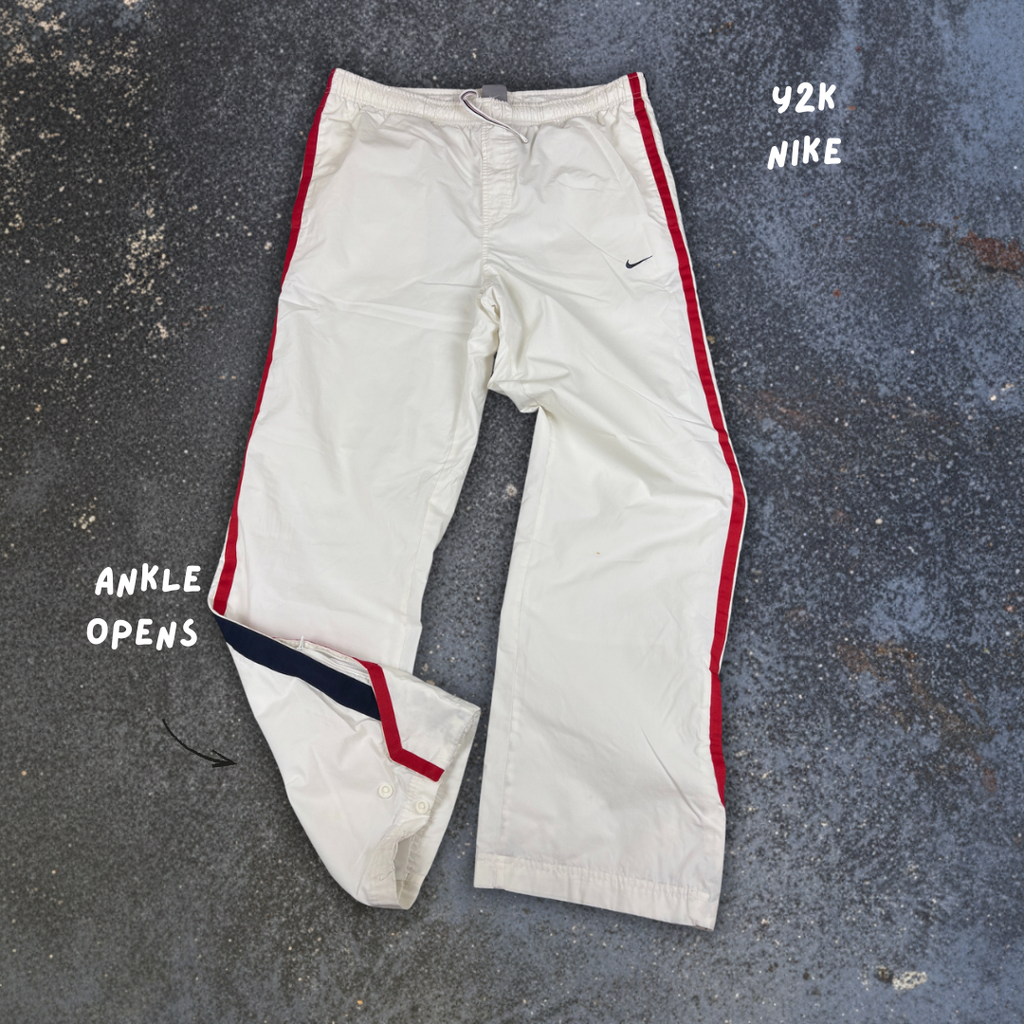 Vintage Y2K Nike Track Pants M White Red Blue Detail Wide Leg Ankle Zip Windbreakers