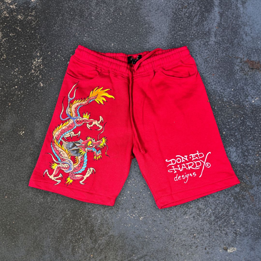Ed Hardy Sweat Shorts Size S Red Tattoo Art Dragon Y2K Streetwear Style