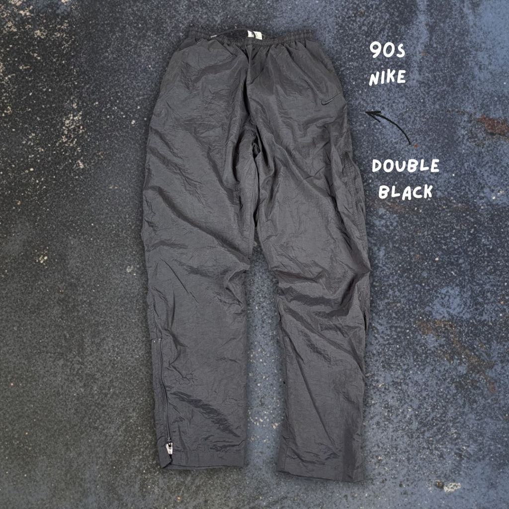 Vintage 90s Nike Track Pants Women’s M Double Black Swoosh Parachute Ankle Zip Tapered Leg