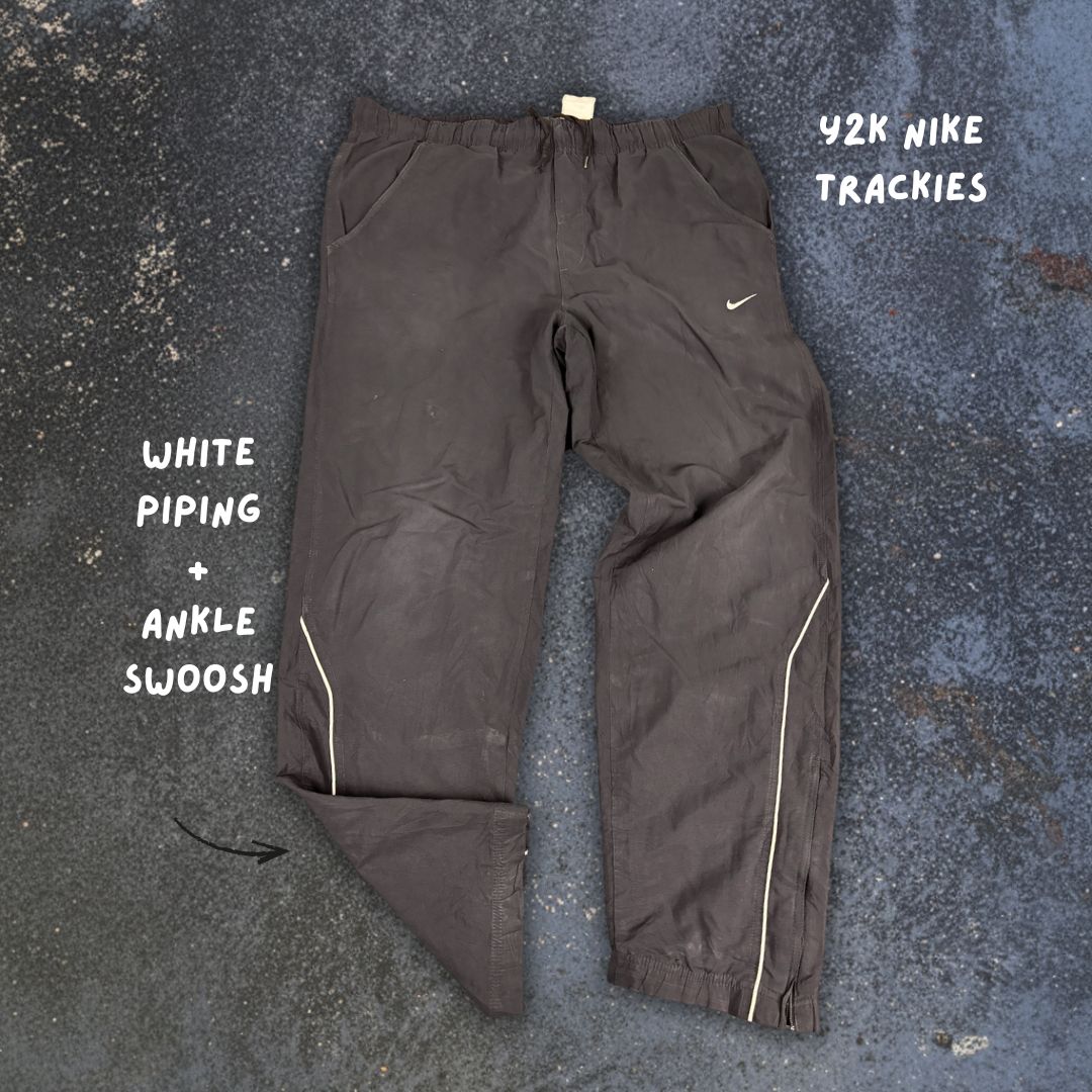 Vintage Men's Y2K Nike Track Pants Size L Black White Piping Ankle Zip w Swoosh Straight Leg