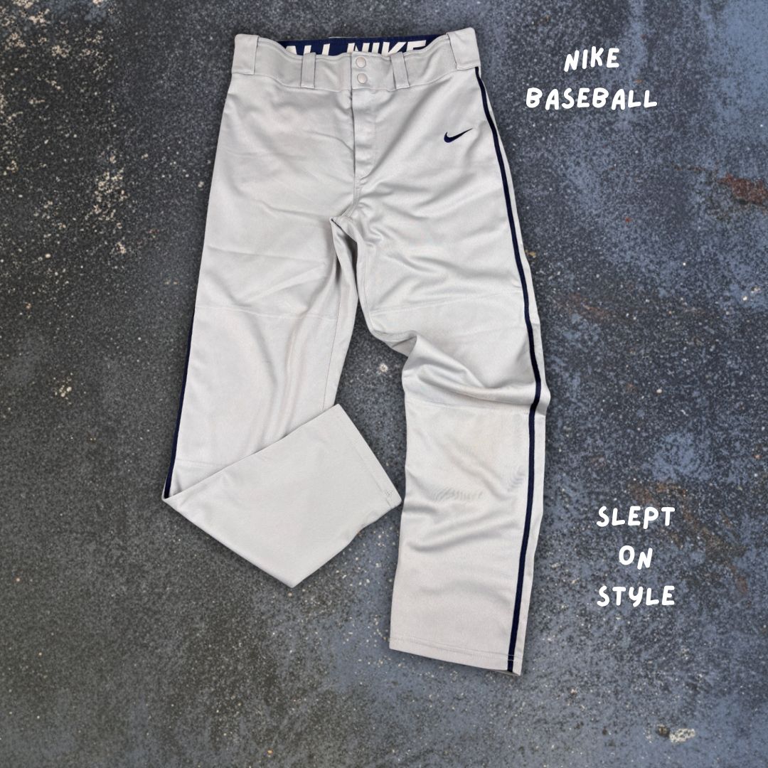 Vintage Y2K/2010s Nike Baseball Track Pants M Grey Navy Side Detail Straight Leg