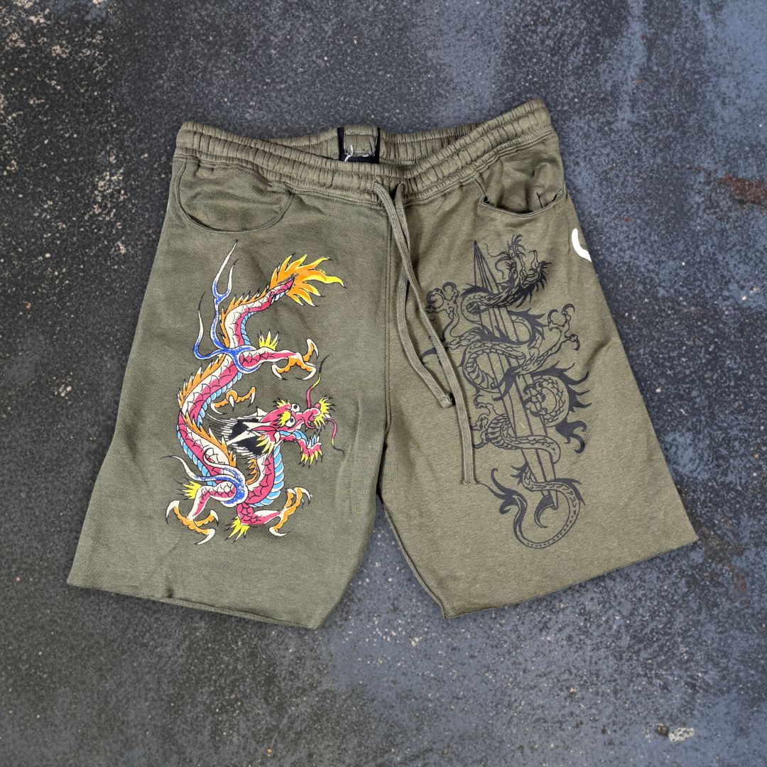 Ed Hardy Sweat Shorts Size XL Green Tattoo Art Dragon Y2K Streetwear Style