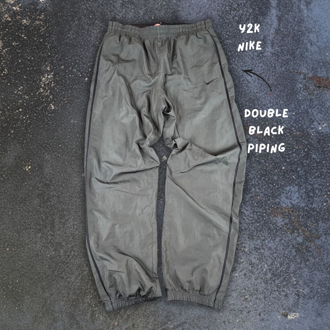 Vintage Y2K Nike Track Pants Size XL Grey Black Swoosh Double Piping Ankle Zip Wide Leg