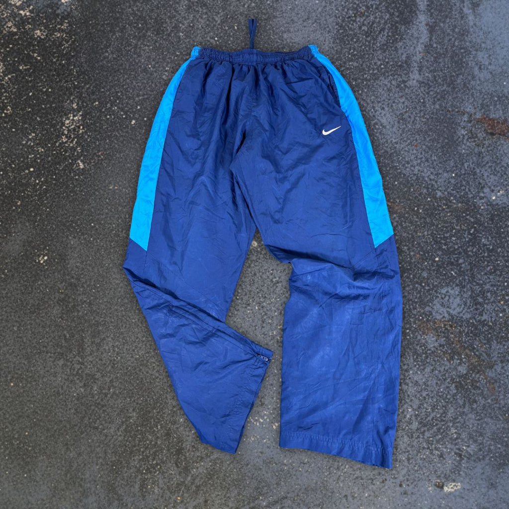 Vintage Y2K Nike Track Pants Men’s L Navy Blue White Swoosh Baggy Wide Leg Ankle Zip