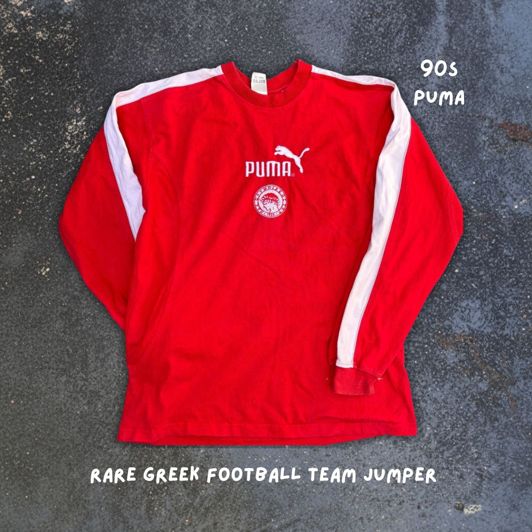 Vintage 90s Puma Jumper Size M Red White Olympiacos Football Team Long Sleeve