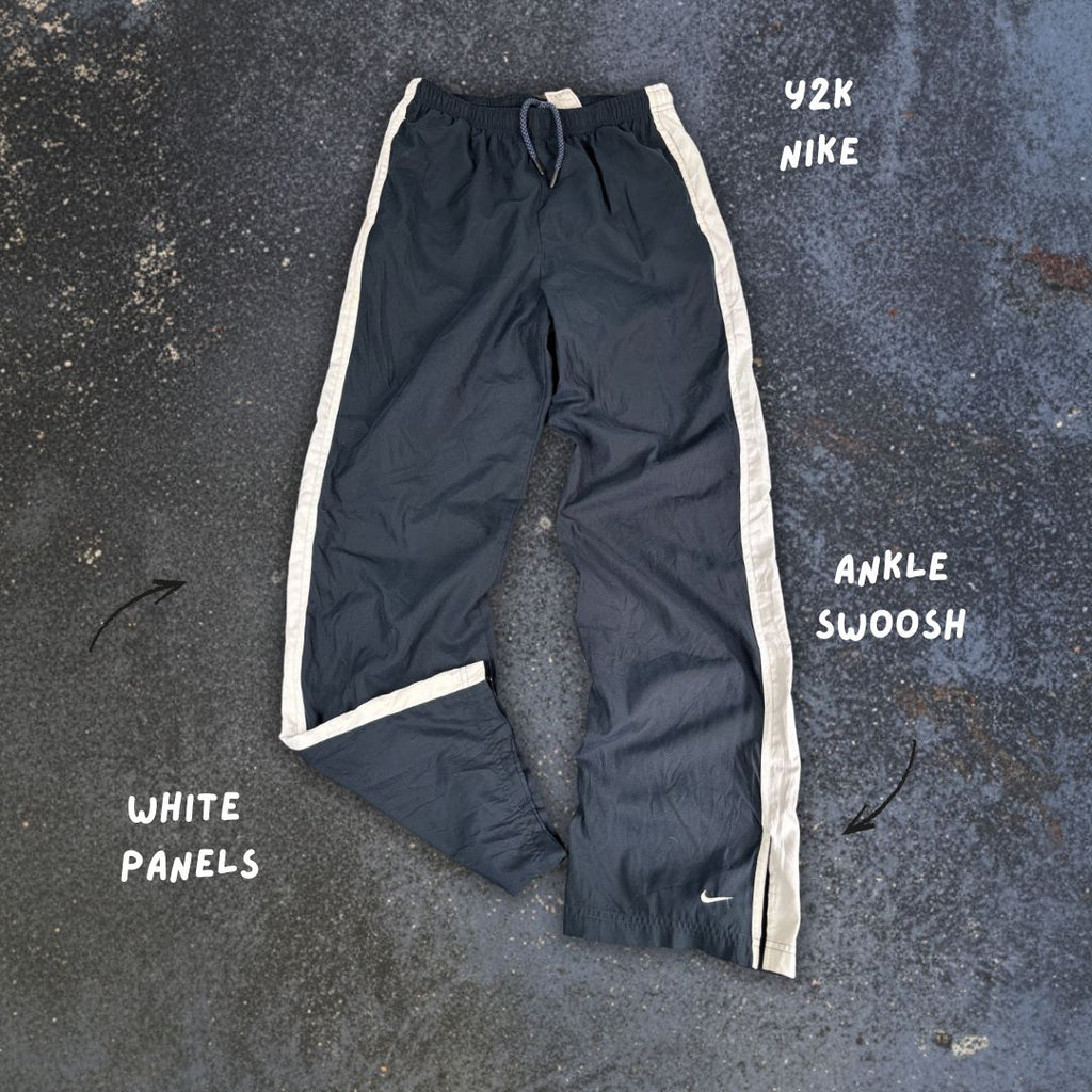 Vintage Y2K Nike Track Pants Women's M Navy White Panel Ankle Swoosh + Slit Wide Leg