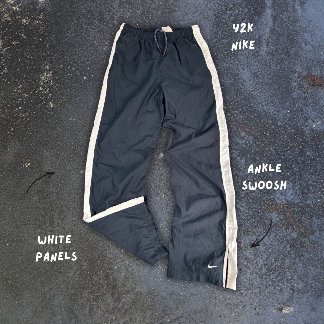 Vintage Y2K Nike Track Pants Women's M Navy White Panel Ankle Swoosh + Slit Wide Leg