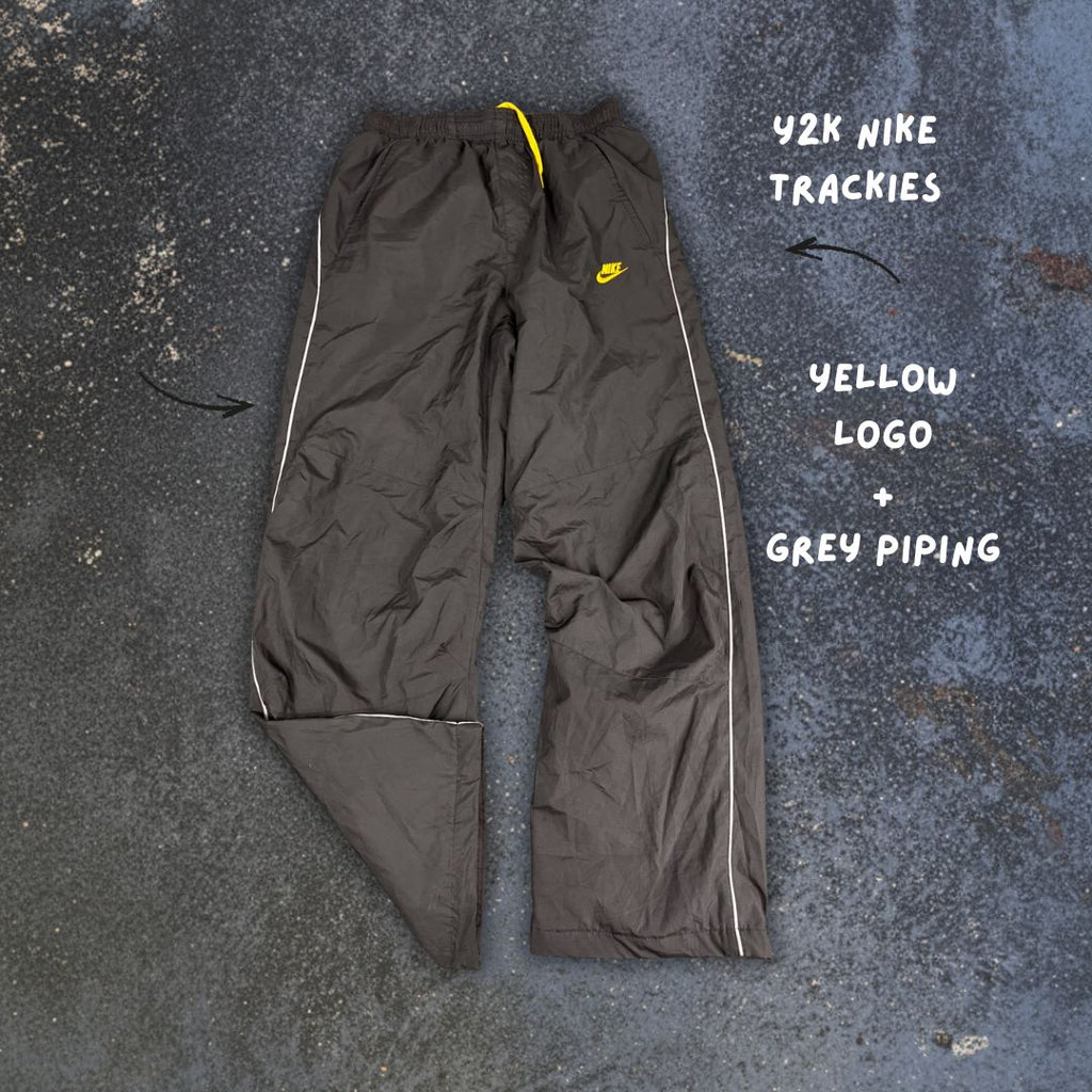 Vintage Y2K Nike Track Pants Women's S Black Black Yellow Swoosh Grey Piping Windbreakers Straight Leg