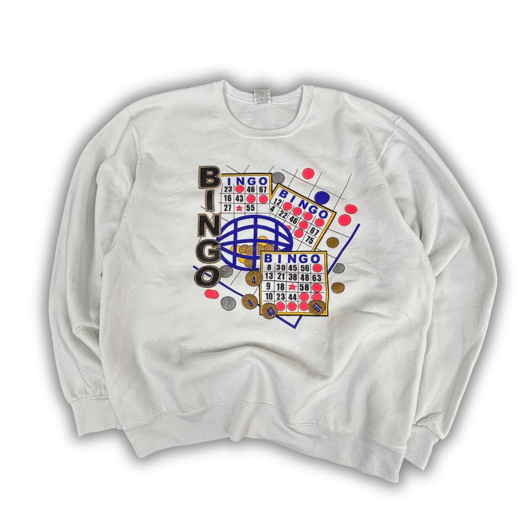 Vintage Y2K Jerzees Jumper Men's L White Bingo Graphic Sweatshirt Crew Neck
