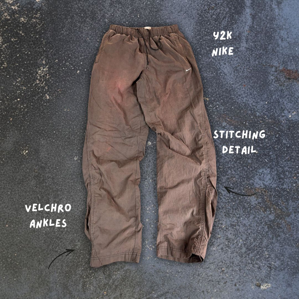 Vintage Y2K Nike Track Pants Men's M Dark Grey Mini White Swoosh Side Stitching Detail Velchro Ankle Straight Leg