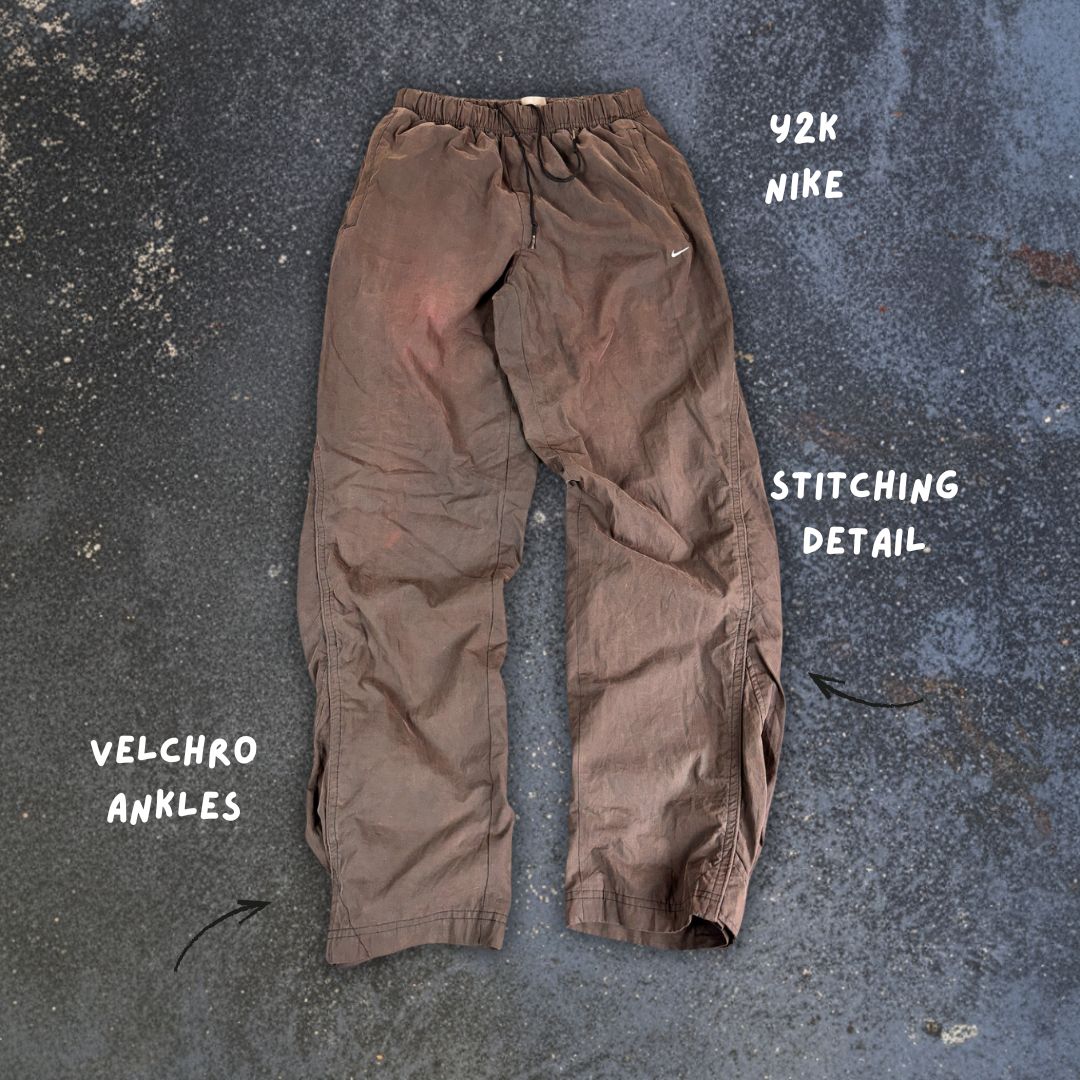 Vintage Y2K Nike Track Pants Men's M Dark Grey Mini White Swoosh Side Stitching Detail Velchro Ankle Straight Leg