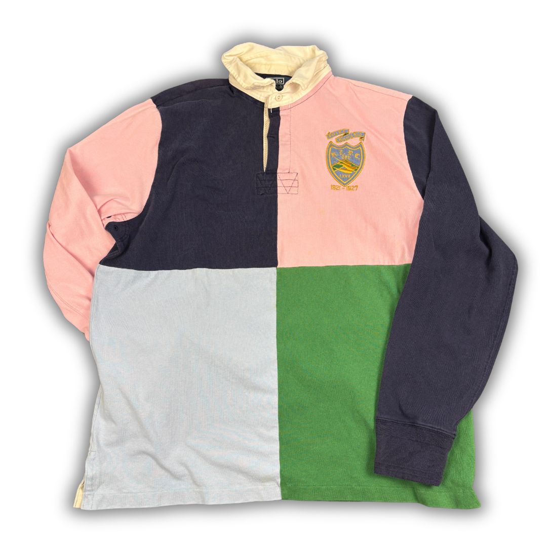 Vintage 90's Ralph Lauren Rugby Polo Men's XL Multi RL Country Club Badge Patchwork Collared