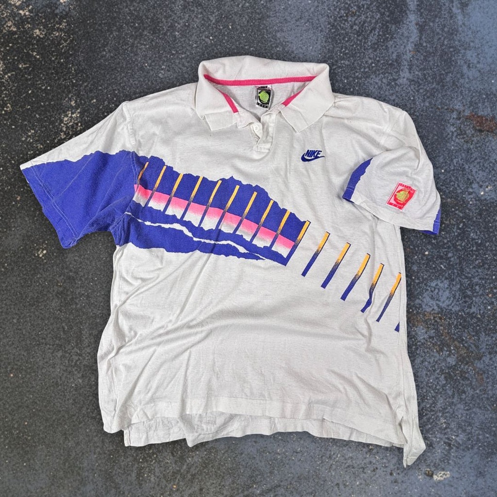 Vintage 90s Nike Challenge Court Polo Men’s L White Cotton Blue Pink Retro Tennis