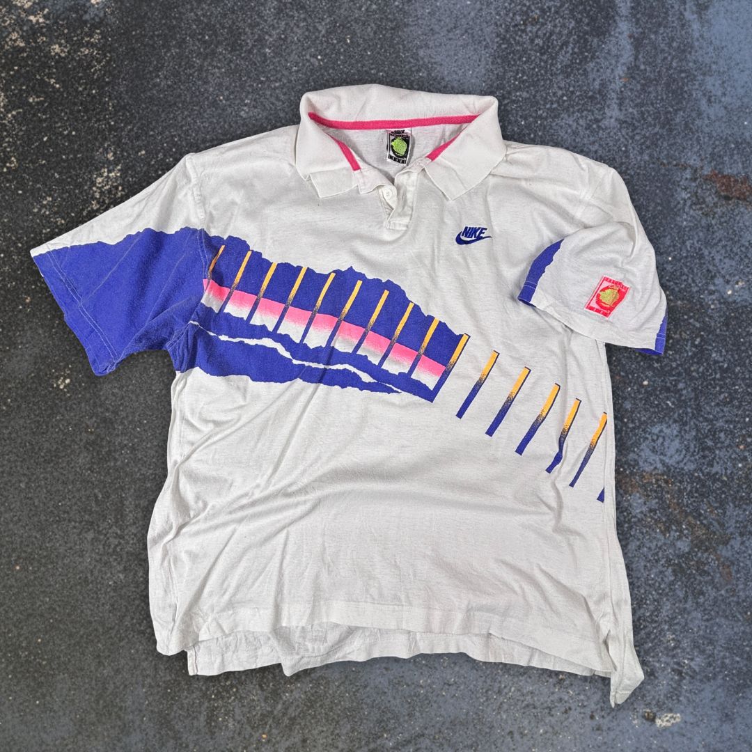 Vintage 90s Nike Challenge Court Polo Men’s L White Cotton Blue Pink Retro Tennis