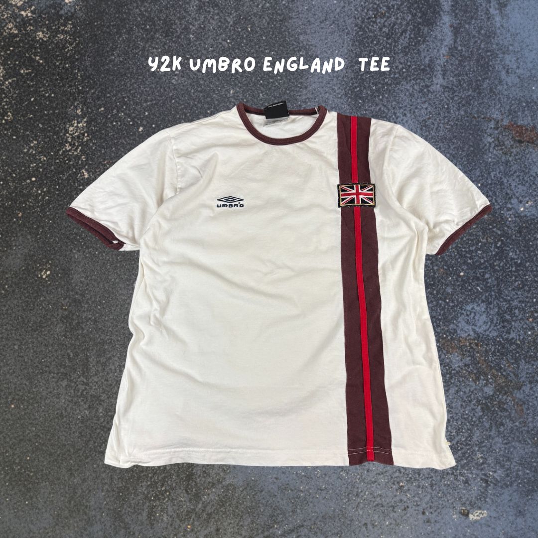 Vintage Y2K Umbro T-Shirt L White England Football Embroidered Logos UK Flag Ringer Style