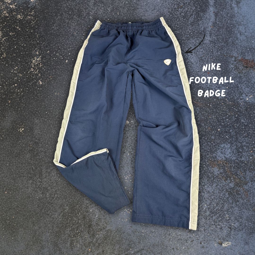 Vintage Y2K Nike Football Track Pants L Navy Green Panels Wide Leg Badge Logo
