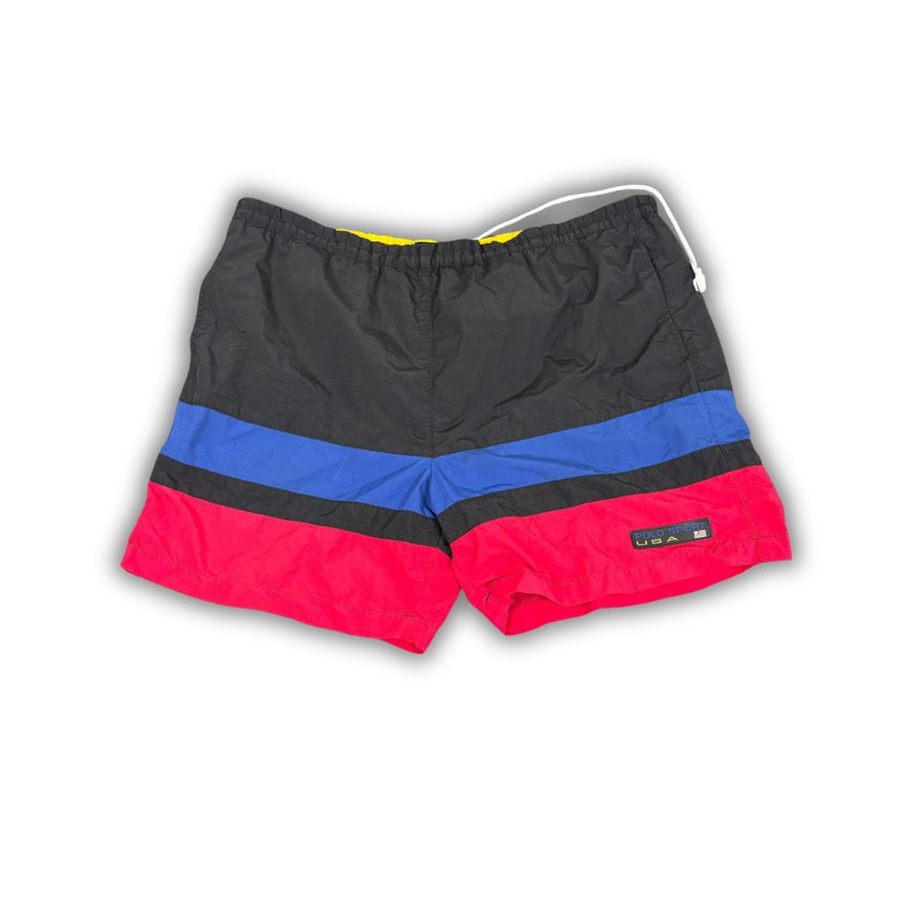 Vintage 90's Polo Sport Shorts Men's L Black Navy Red Swim Trunks Wide Leg