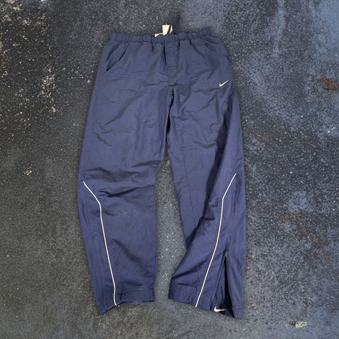 Vintage Y2K Nike Track Pants Size M Navy White Piping Swoosh Wide Leg + Ankle Swoosh