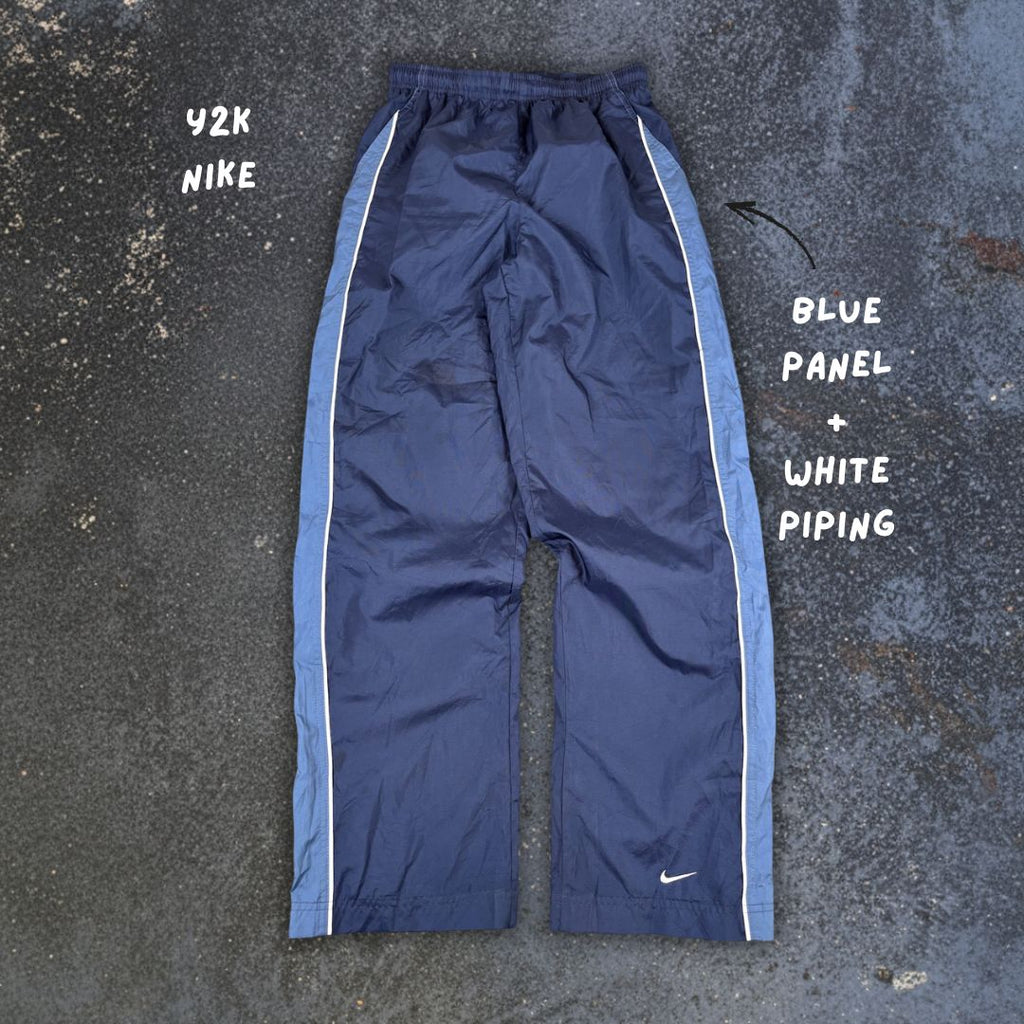 Vintage Y2K Nike Track Pants Women’s S Navy White Piping Blue Panels Wide Leg Ankle Zip