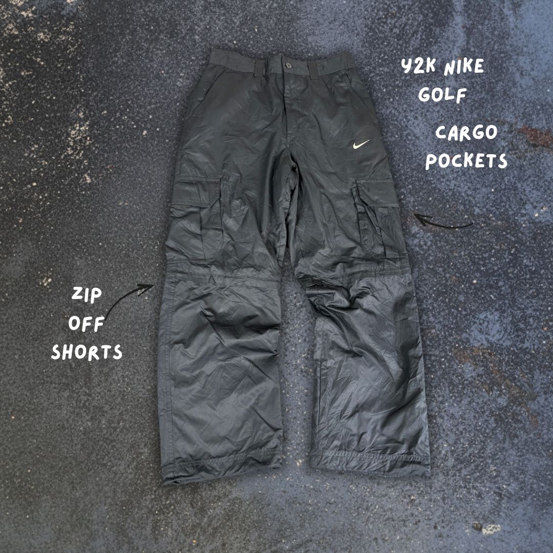 Vintage 90's Nike Golf Cargo Track Pants Women's M Black White Swoosh Zip Off to Shorts Button Zip Close Straight Leg
