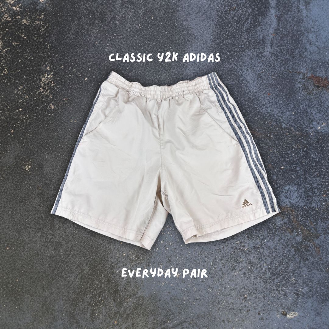 Vintage Y2K Adidas Shorts XL White 3 Stripe Gold Logo Nylon Wide Fit