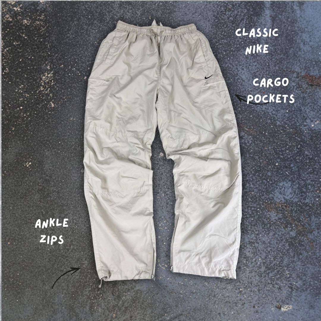 Vintage Y2K Nike Cargo Track Pants Women's S Grey Yellow Black Swoosh Double Knee Ankle Zips Tapered
