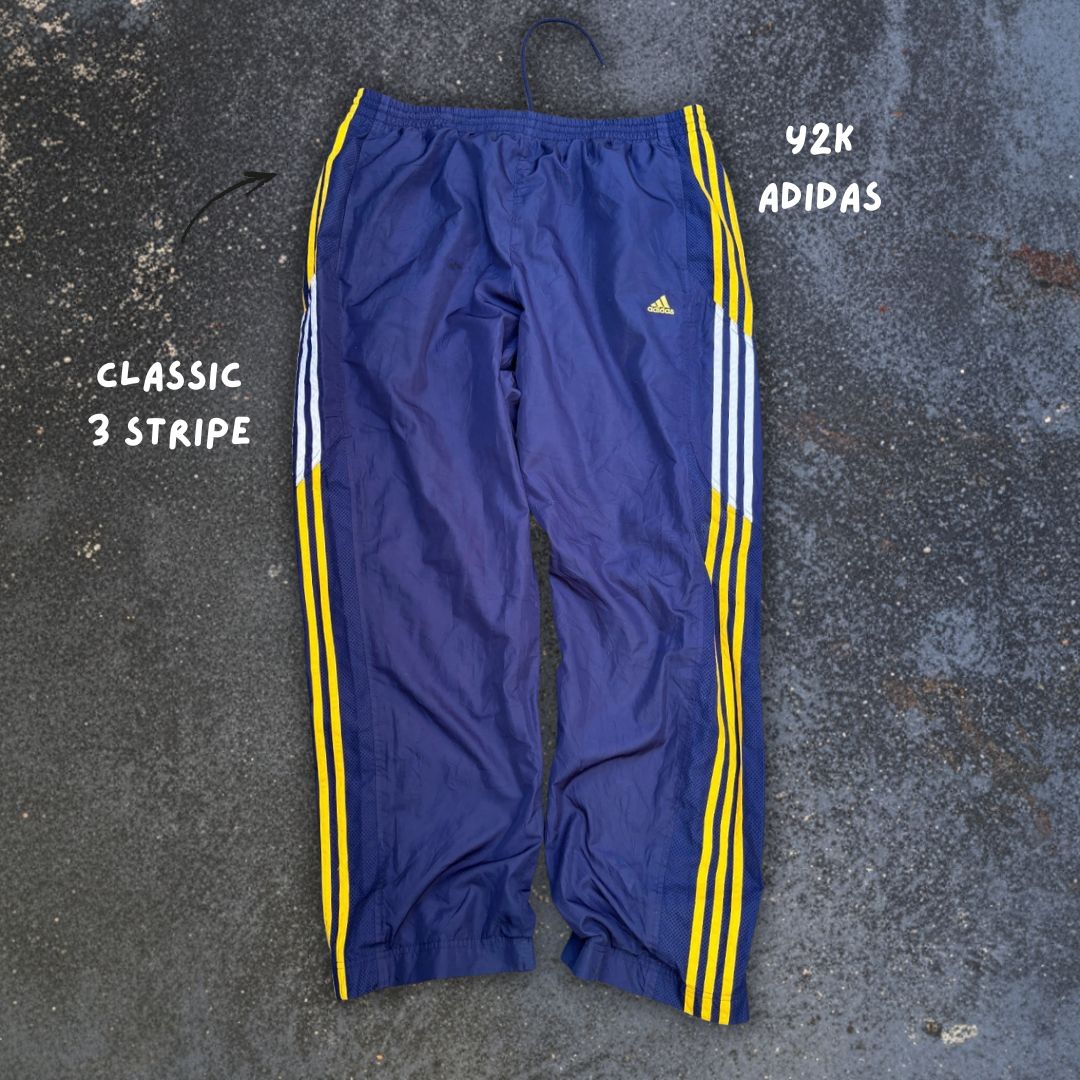 Vintage Y2K Adidas Track Pants Size XL Navy Yellow Logo Wide Leg Windbreaker