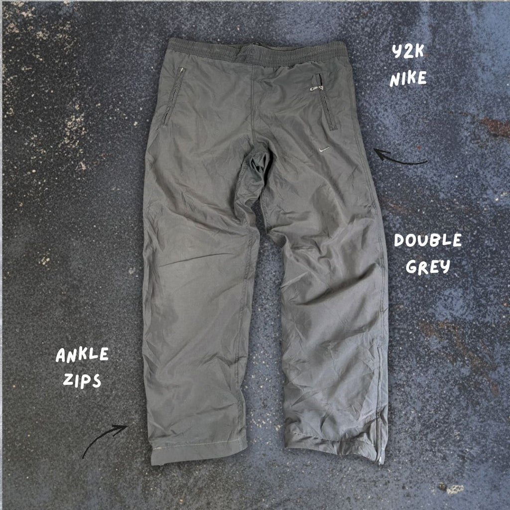 Vintage Y2K Nike Track Pants Men's L Grey Light Grey Swoosh Zip Pockets and Ankles Straight Leg