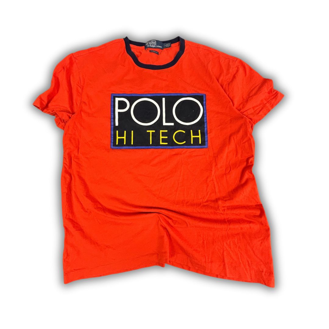 Vintage 90's Polo Ralph Lauren T-shirt Men's M Orange High Tech Single Stitch Ringer Style Graphic tee Round Neck