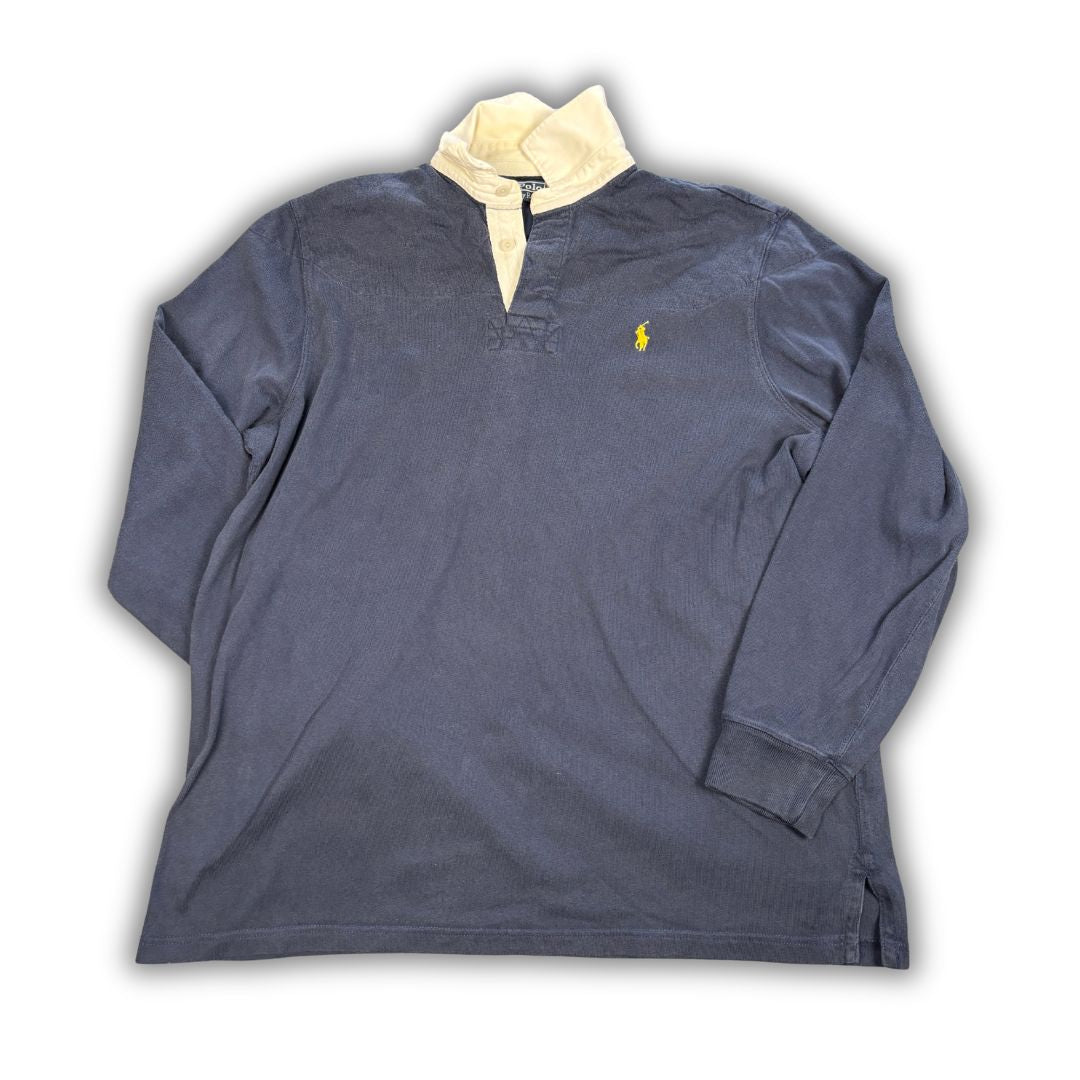 Vintage 90's Ralph Lauren Rugby Polo Men's L Navy Yellow Pony Collared