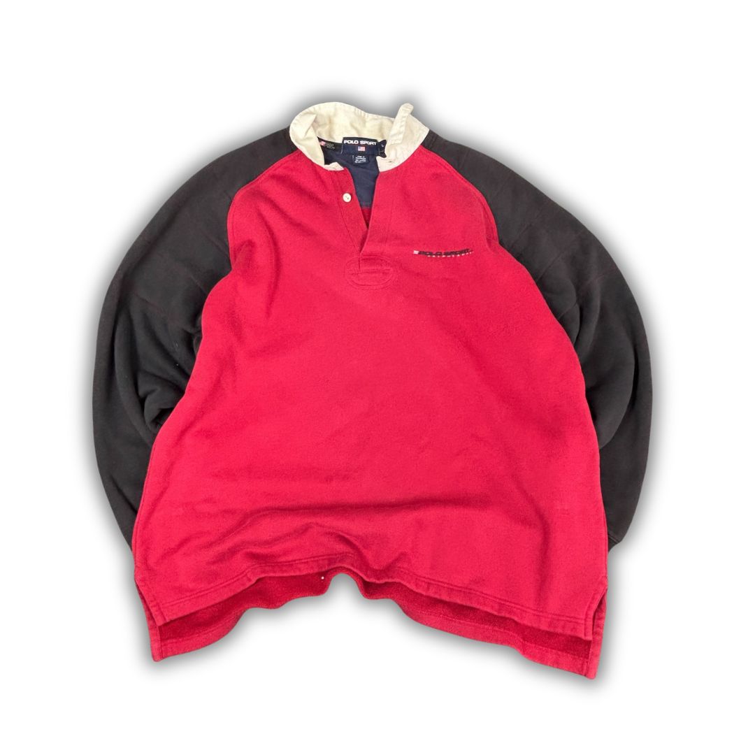 Vintage 90's Polo Sport Rugby Jumper Men's L Red Navy Embroidered Logo Collard Sweatshirt Collared