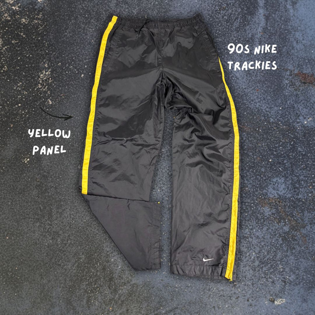 Vintage 90's Nike Track Pants Men's S Black Yellow Panels Ankle Zip Wide Leg Windbreakers
