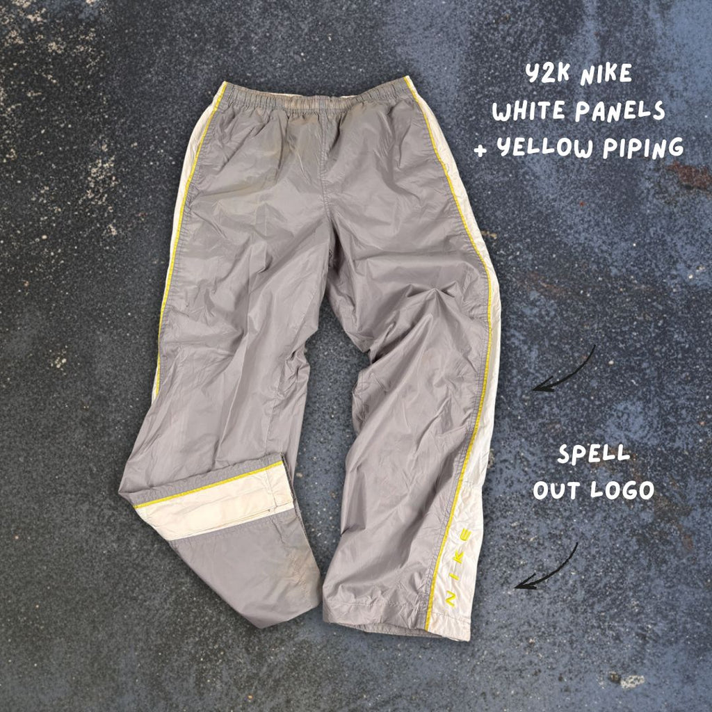 Vintage 90's Nike Track Pants Women's M Grey Grey Green Piping Spell Out Velchro Ankle Wide Leg