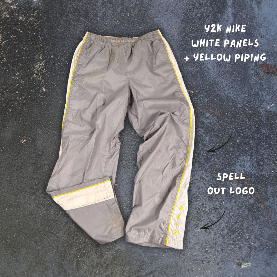 Vintage 90's Nike Track Pants Women's M Grey Grey Green Piping Spell Out Velchro Ankle Wide Leg