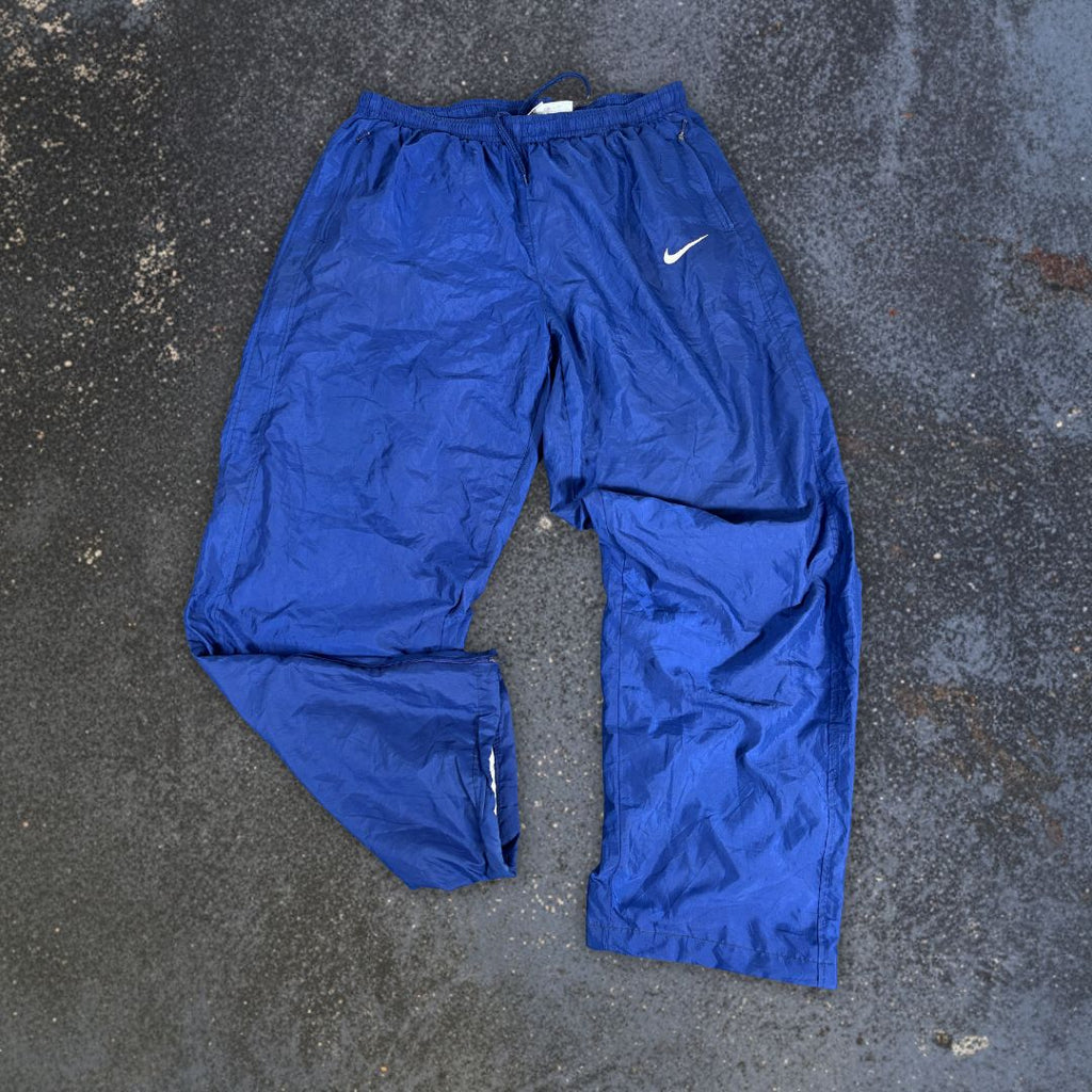Vintage 90s Nike Track Pants Men’s XL Navy Nylon White Swoosh Wide Leg Ankle Zip
