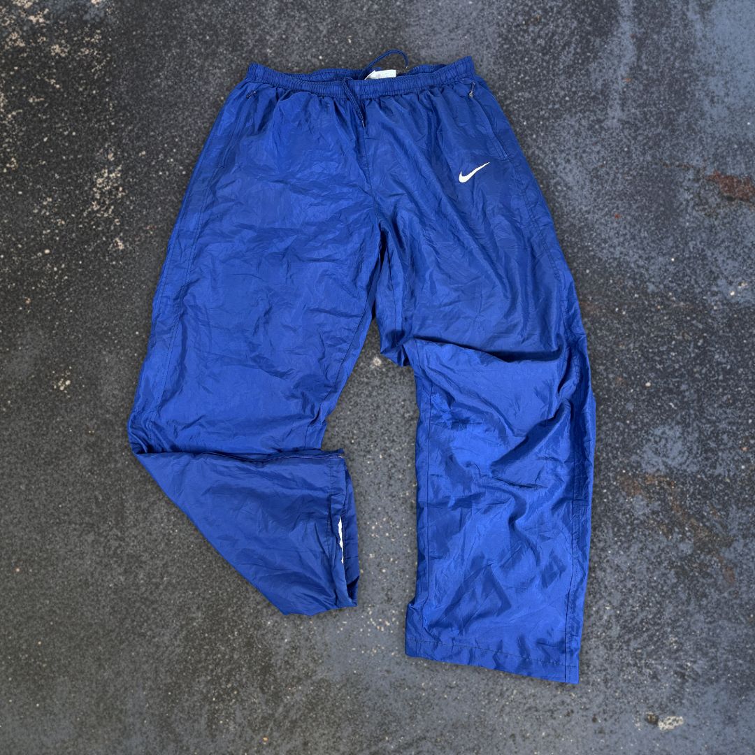 Vintage 90s Nike Track Pants Men’s XL Navy Nylon White Swoosh Wide Leg Ankle Zip