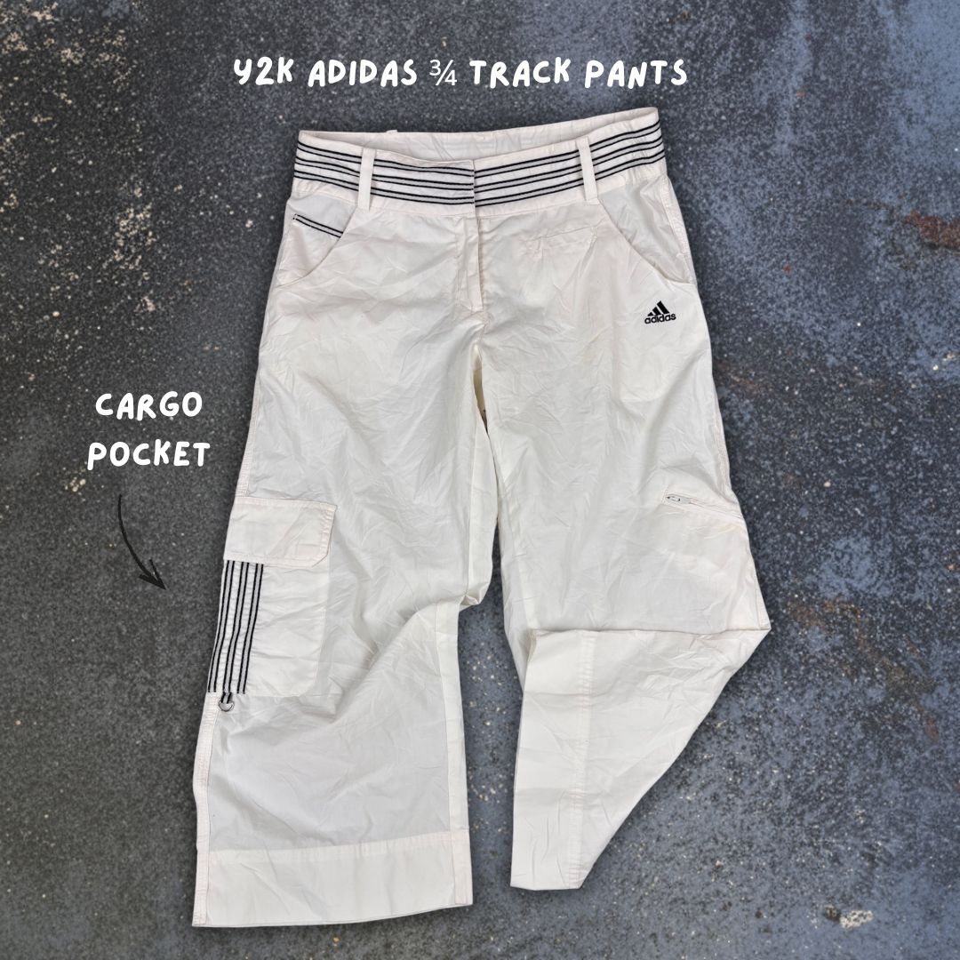 Vintage Y2K Adidas 3/4 Track Pants Women’s M White Black 3 Stripe Cargo Pocket Belt