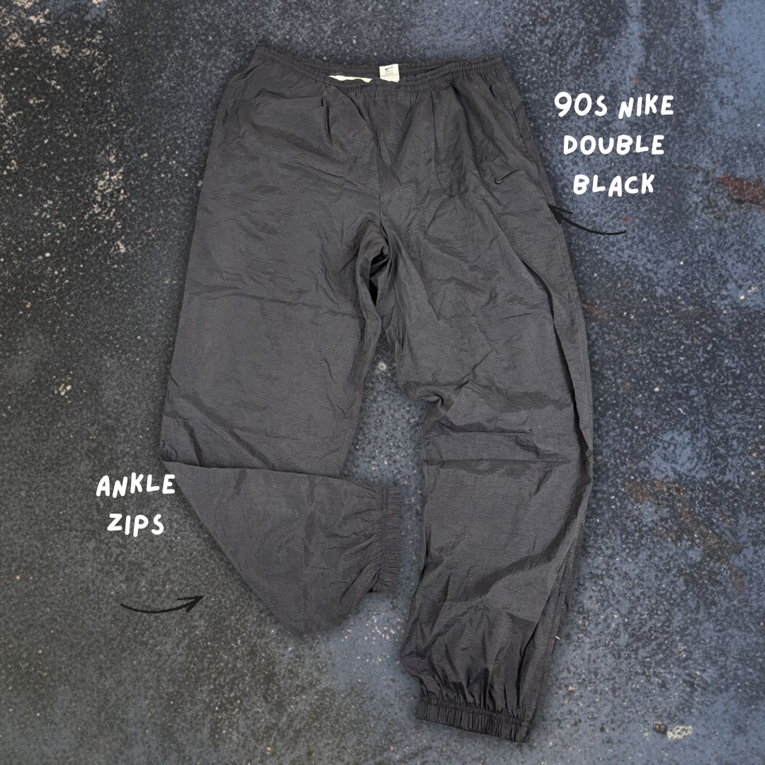 Vintage 90s Nike Track Pants Size L Double Black Classic Nylon Windbreakers