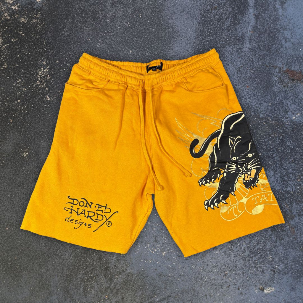 Ed Hardy Sweat Shorts Size XL Yellow Tattoo Art Panther Graphic Y2K Streetwear