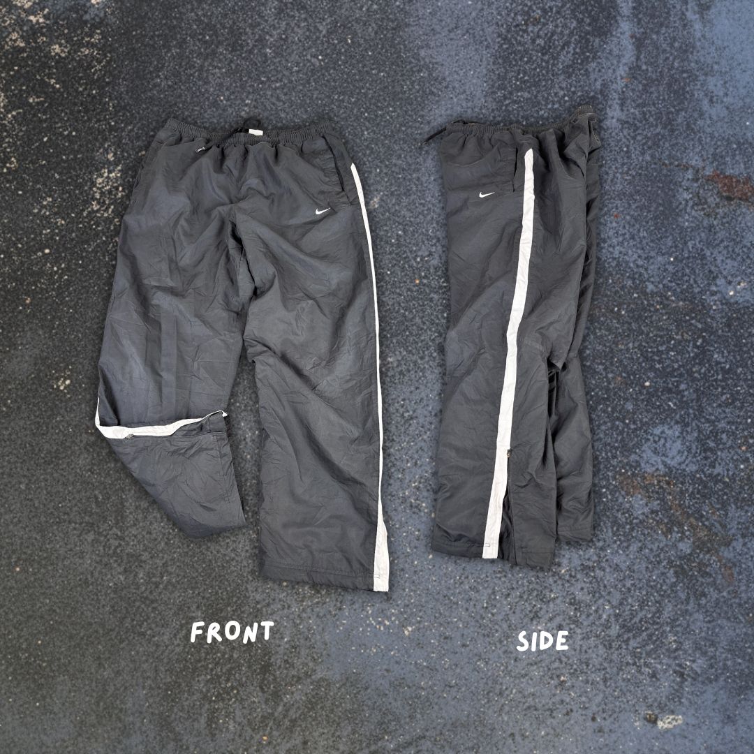 Vintage Y2K Nike Track Pants L Black Poly White Swoosh Panel Ankle Zips Wide Leg