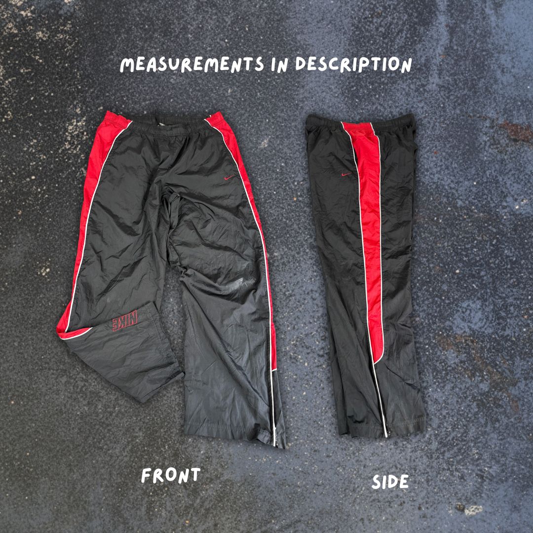 Vintage Y2K Nike Track Pants Men's L Black Grey Piping Red Panel Spell Out Swoosh Ankle Zips Wide Leg